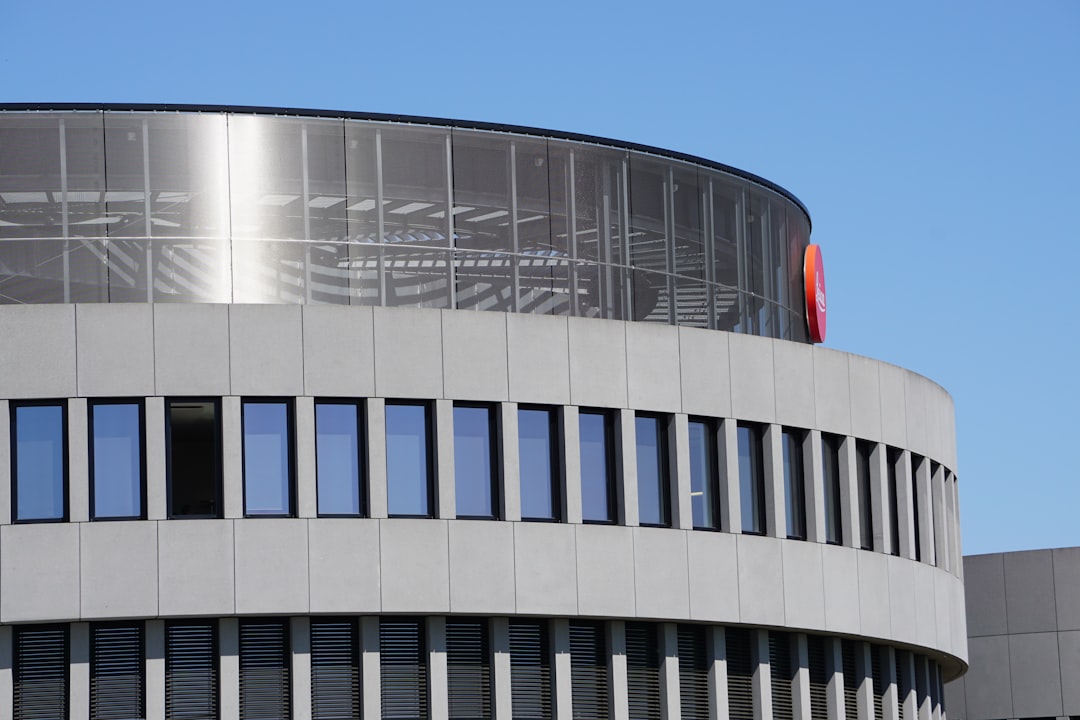 World-Headquarter of Leica Camera AG in Wetzlar, called Leitz-Park Campus; seen here is the administration building shaped as an optical objective, Leica being the shortcut for Leitz Camera.