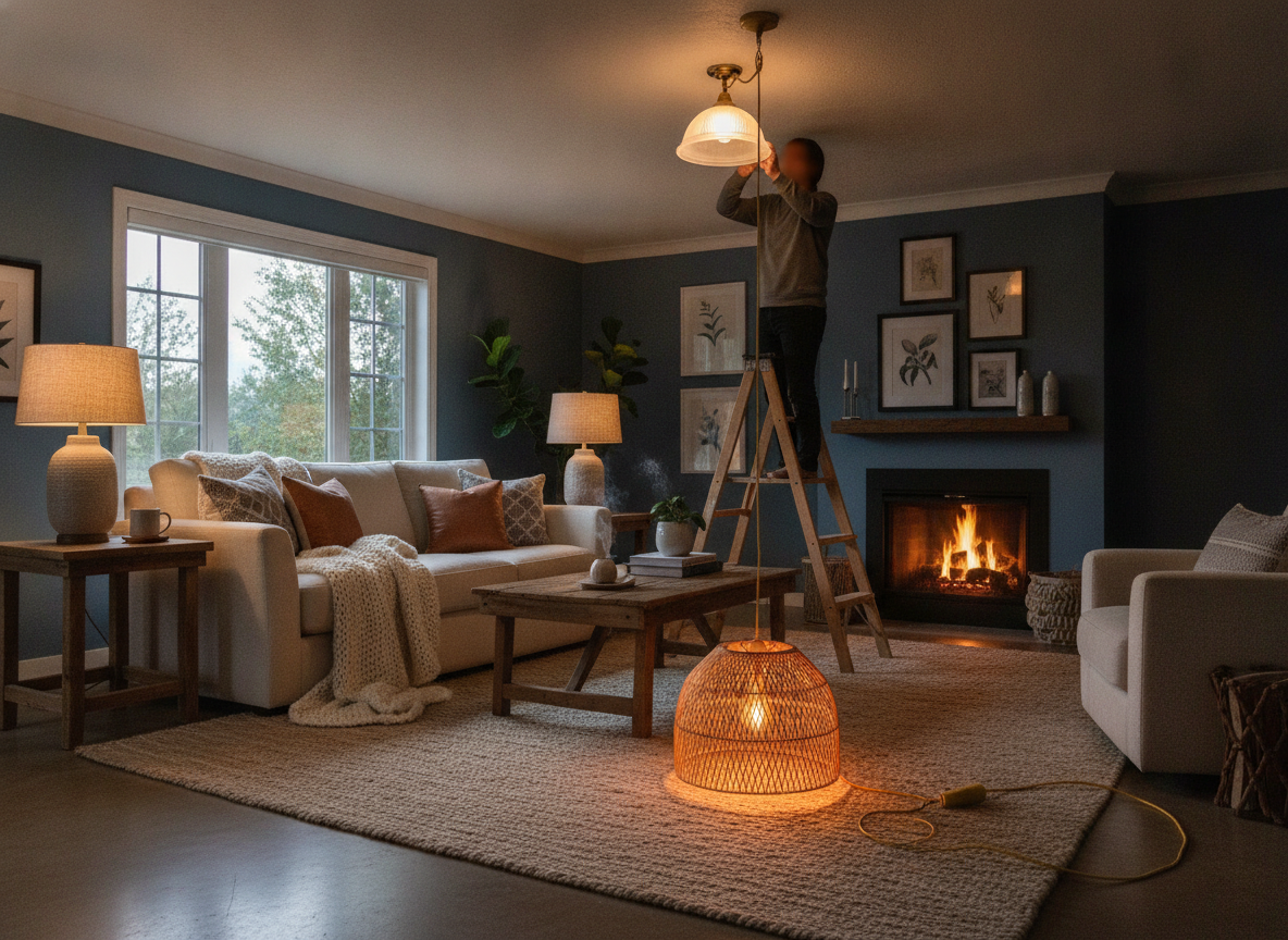 Verouderde plafondlamp vervangen voor meer sfeer in de woonkamer