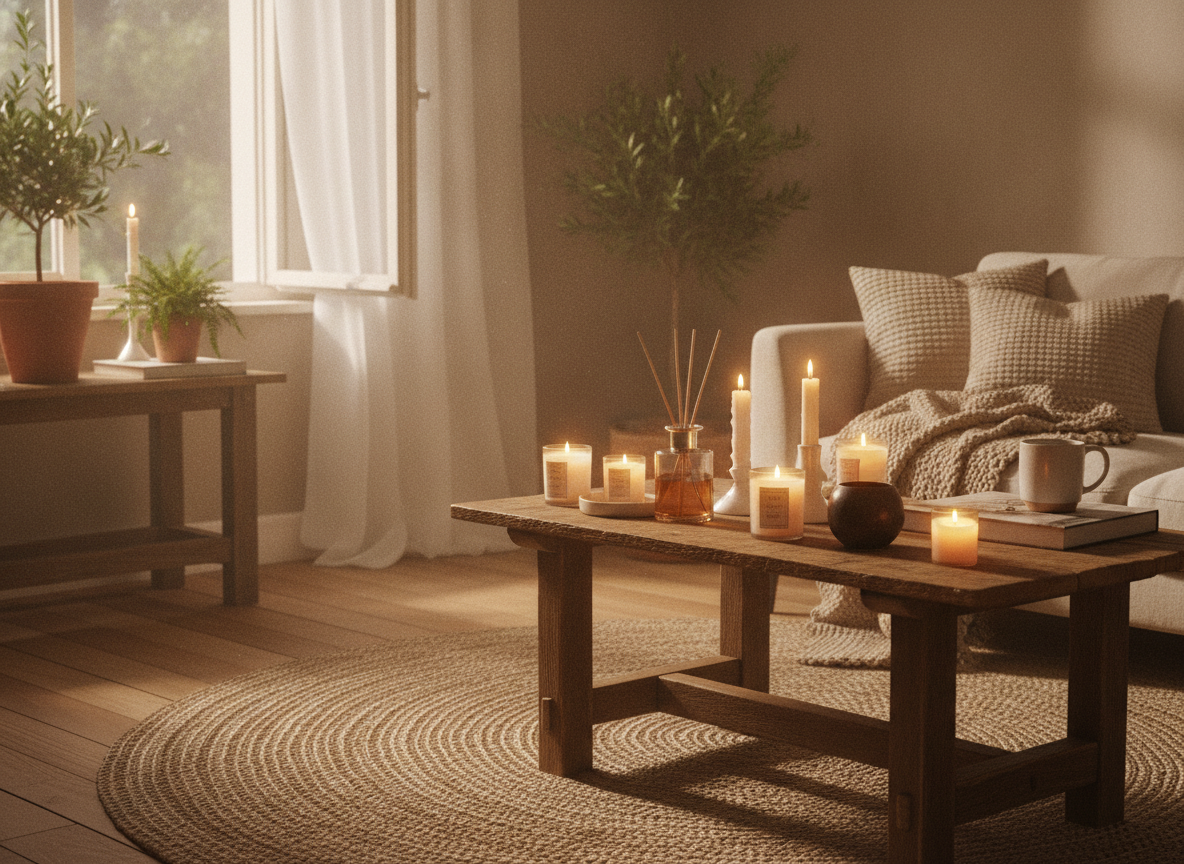 Geurstokjes en een brandende kaars op een houten dressoir bij avondlicht