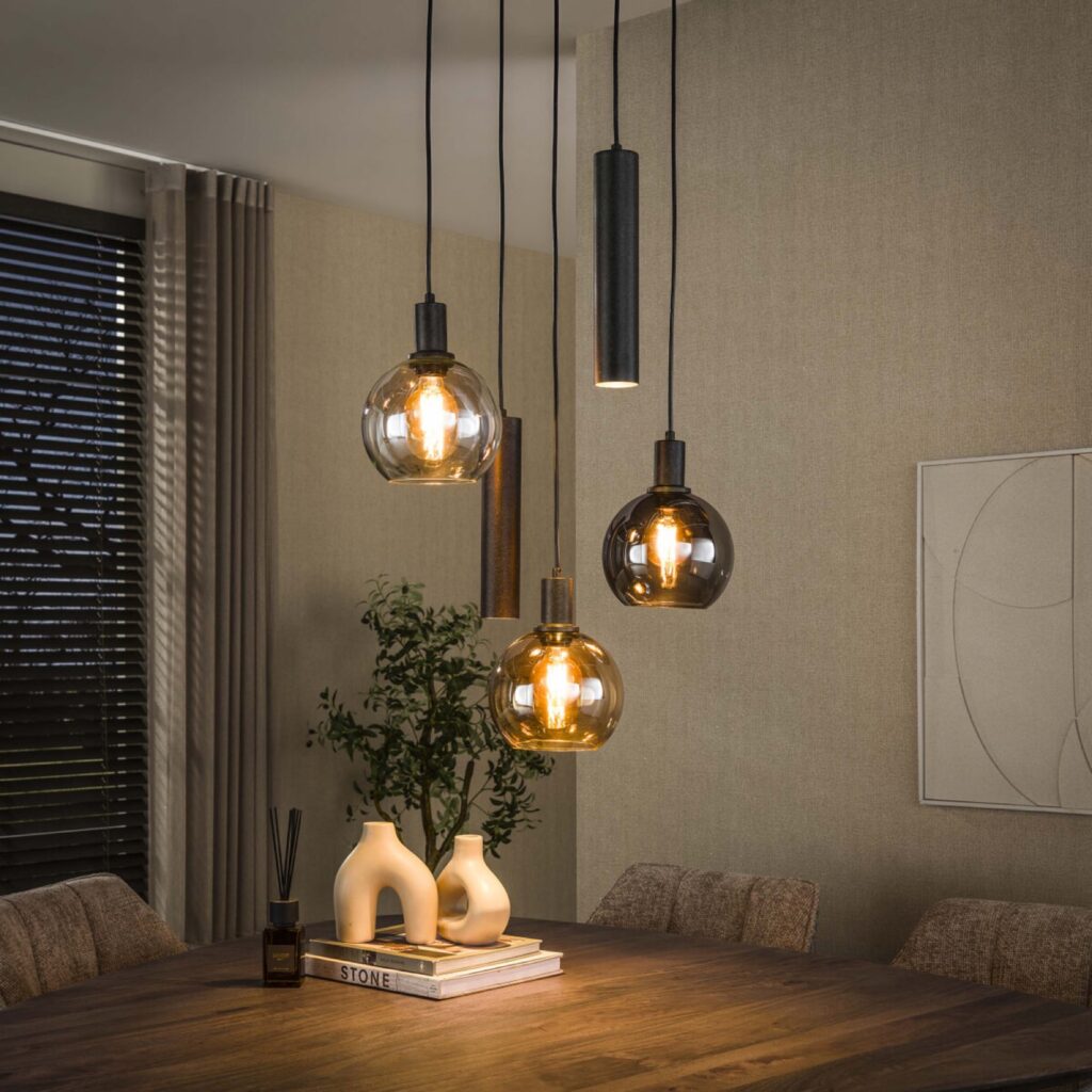 LifestyleFurn Hanglamp 'Janetta' Glas en metaal, 3+2-lamps, kleur Artic Black