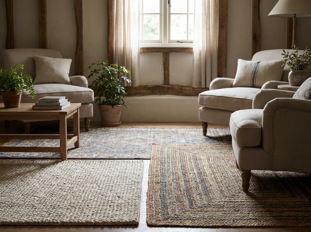 Warm verlichte woonkamer met een wollen vloerkleed onder een lage salontafel