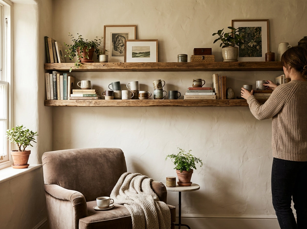 Eiken zwevende wandplank aan een lichte muur met boeken en een keramieken vaas, gereedschap ligt op de vloer